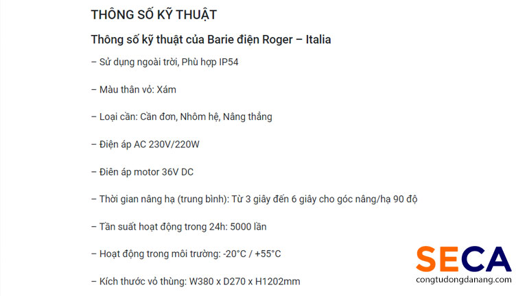 Thông số kỹ thuật thanh chắn barrier cần thẳng