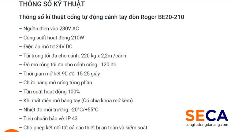 Thông số kỹ thuật cổng tự động tay đòn